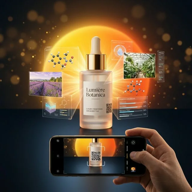 Cosmetics packaging with AR showing ingredient science