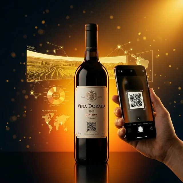 Wine bottle label with AR overlay showing vineyard tour